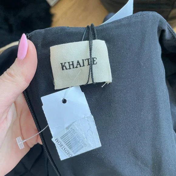 Khaite Shawna Ruched Satin Crepe Midi Dress Black High Slit Square Neckline - Picture 3 of 15